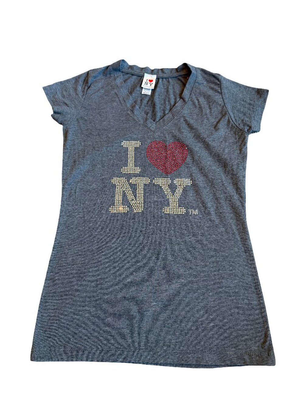 I Love NY Grey T-Shirt Rhinestone Tourist Travel Vacation Casual Heart Medium